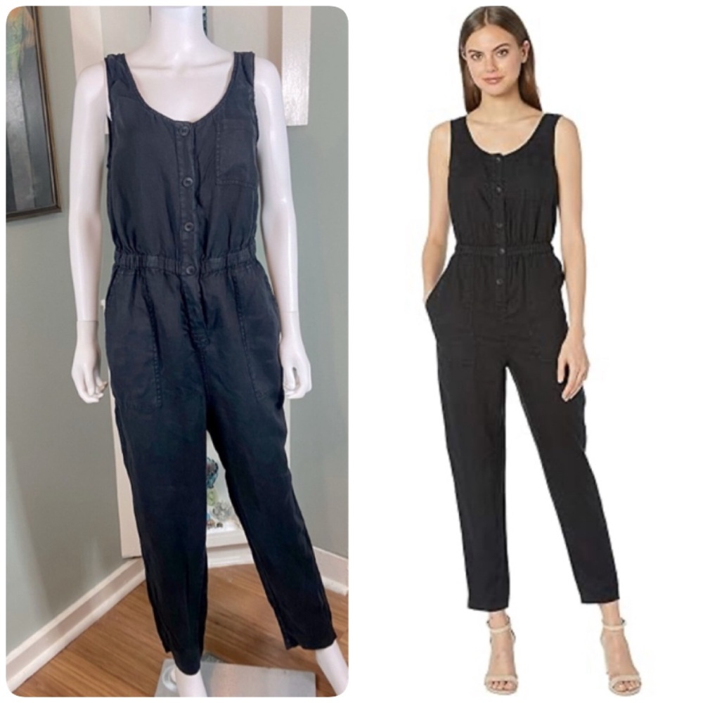 Michael Stars Black Linen Button-Front Jumpsuit Large Tapered Legs